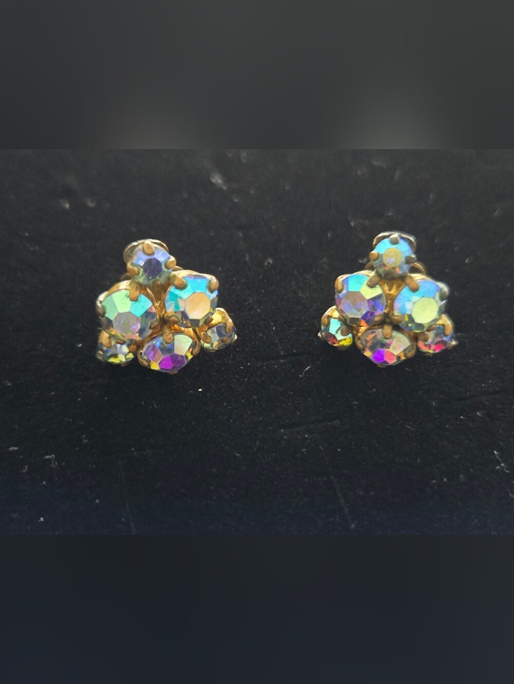 Vintage Aurora Borealis Crystal Cluster Clip On  Earrings - Gold Tone